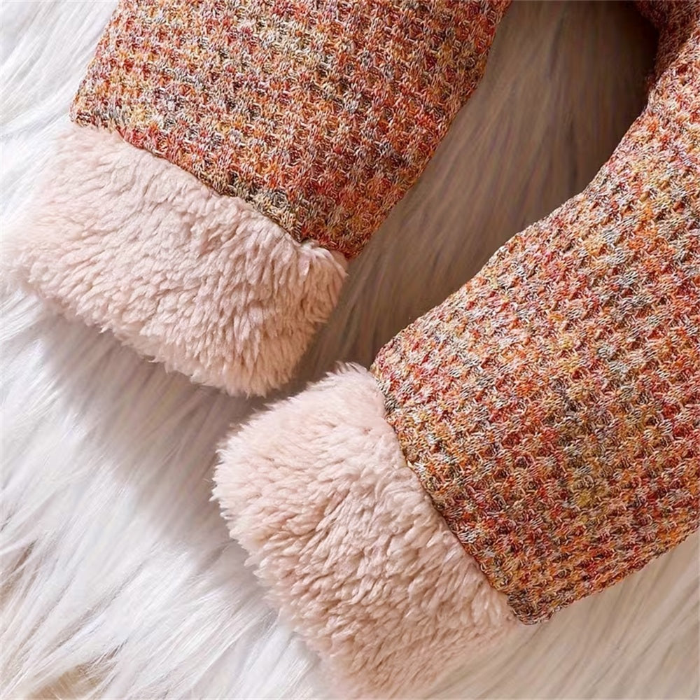 Fuzzy Collar Heathered Knit Long Sleeve Baby Jumpsuit