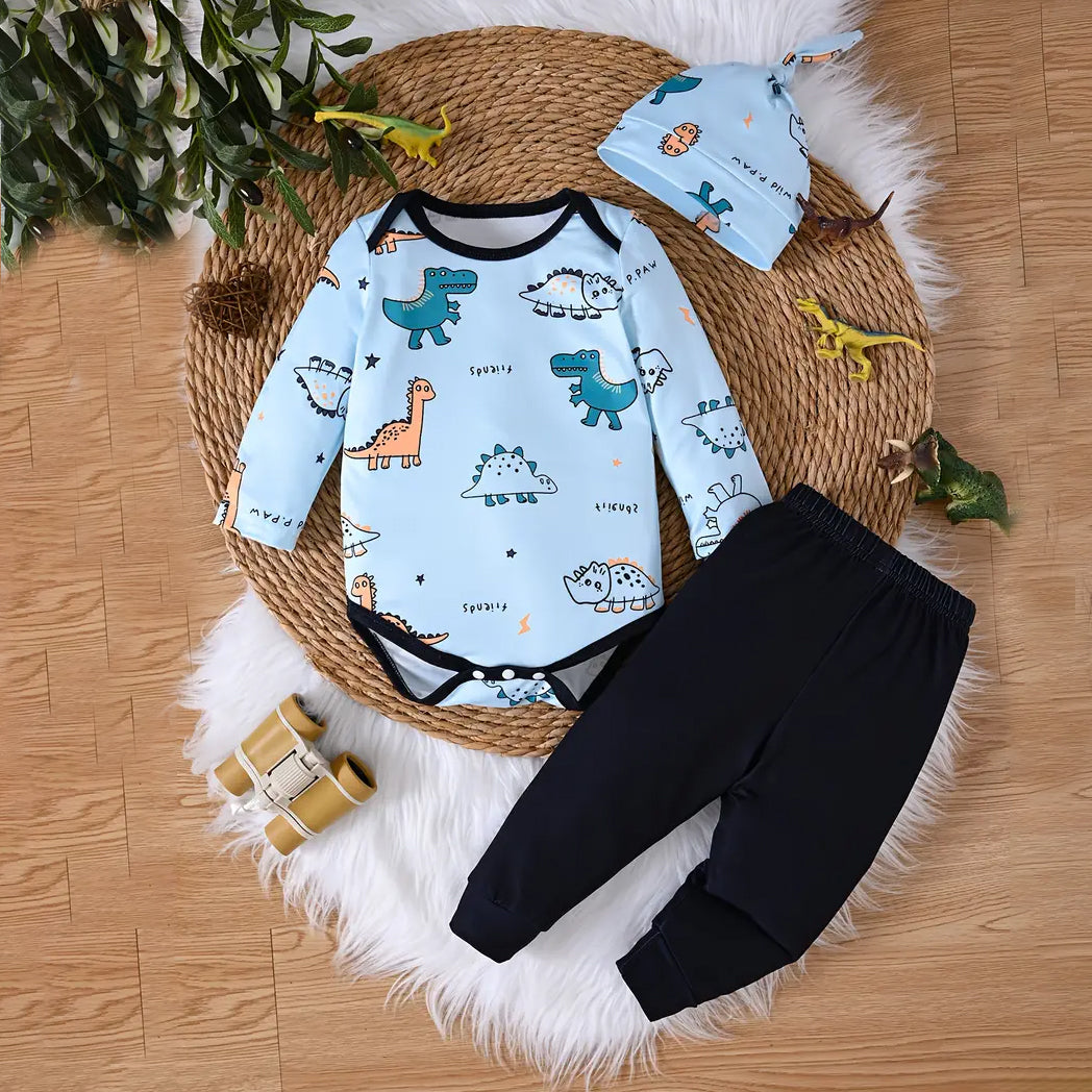 3PCS Cool Dinosaur Print Long Sleeve Baby Set