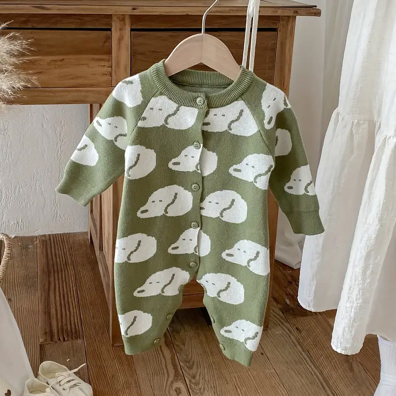 Cute Puppy Print Knitted Long Sleeve Baby Jumpsuit