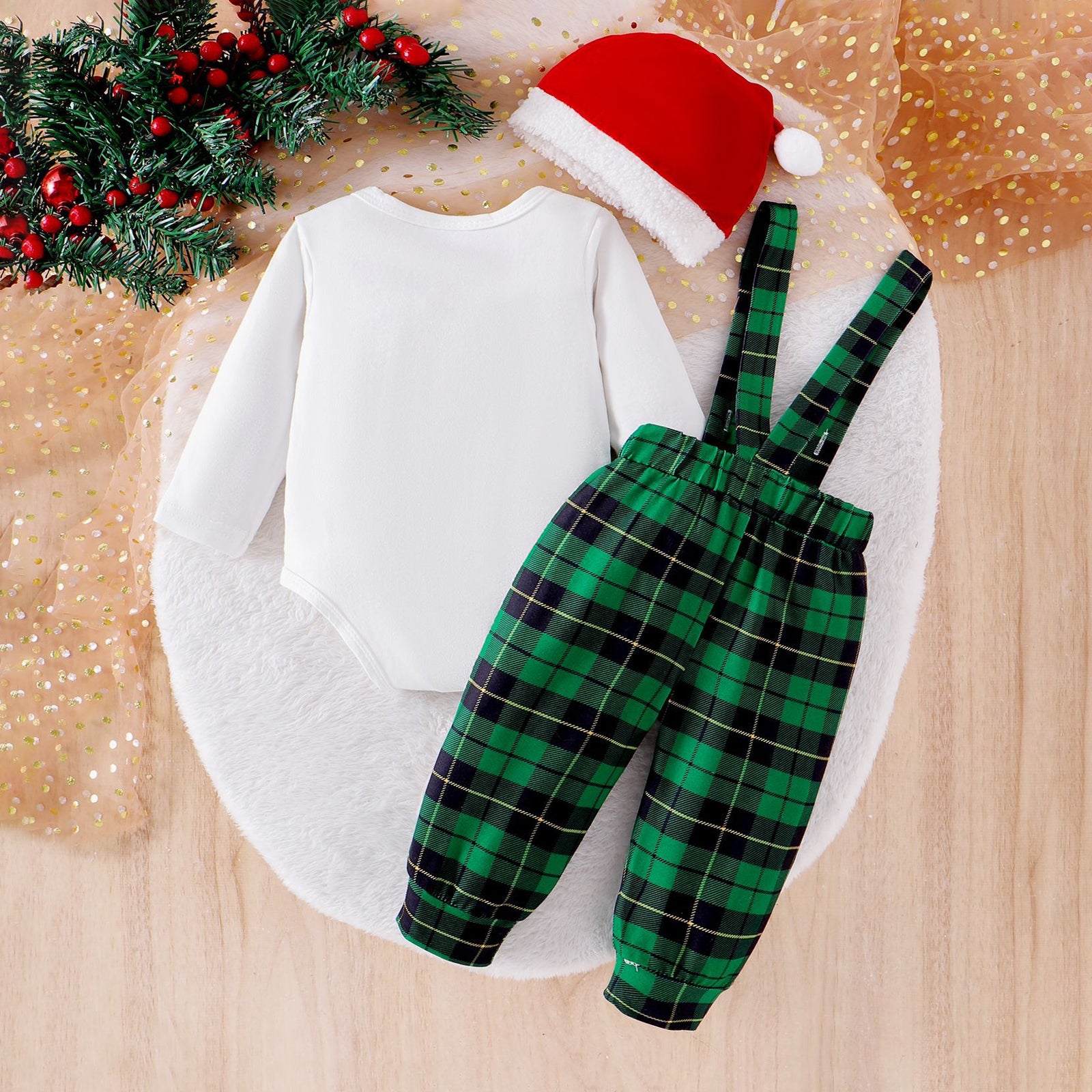 3PCS My 1st Christmas Letter and Plaid Printed Overalls Baby Set