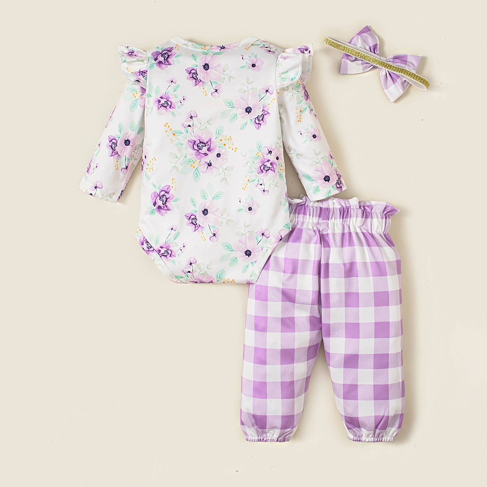 3PCS Elegant Floral Plaid Printed Long Sleeve Baby Set