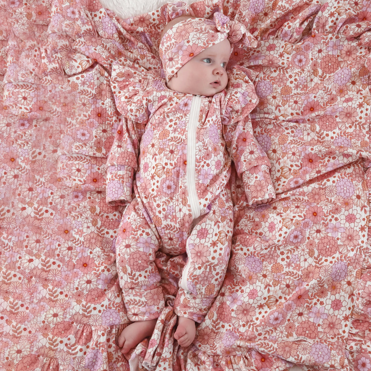 2PCS Charming Floral Print Ruffle Zipper Baby Jumpsuit