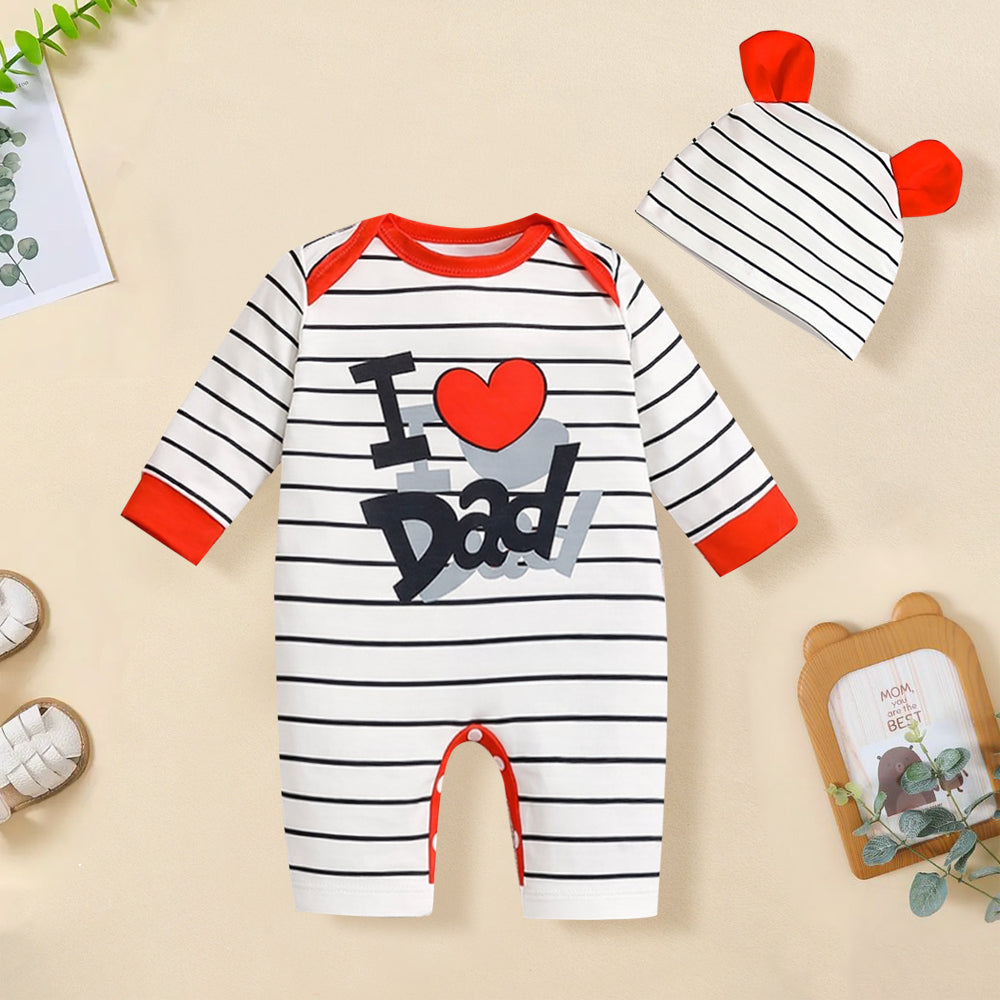 2PCS I Love Dad Letter Print Striped Long Sleeve Baby Jumpsuit