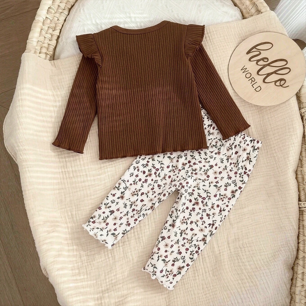 2PCS Grace Floral Print Bow Long Sleeve Baby Girl Set