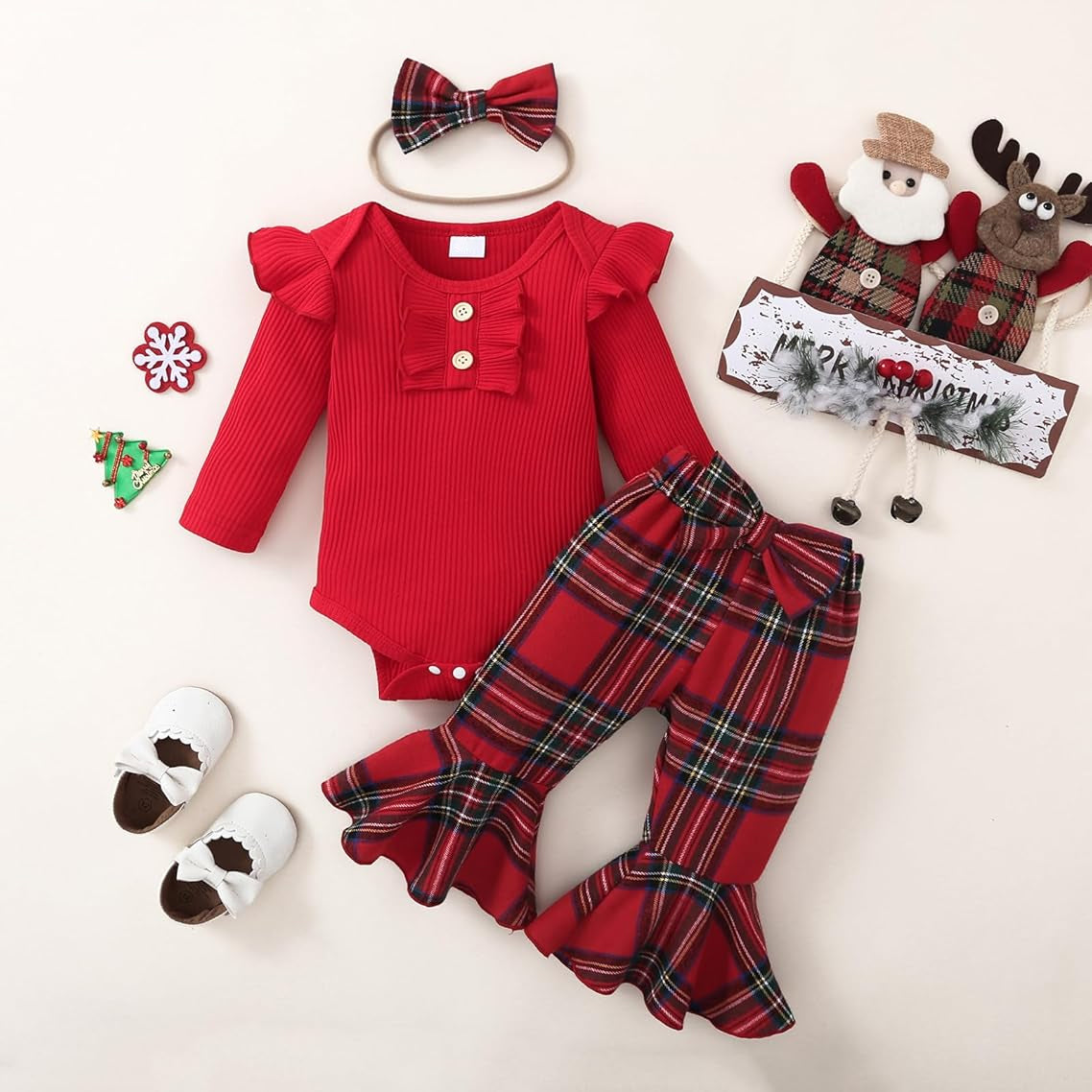 3PCS Christmas Plaid Printed Long Sleeve Baby Set