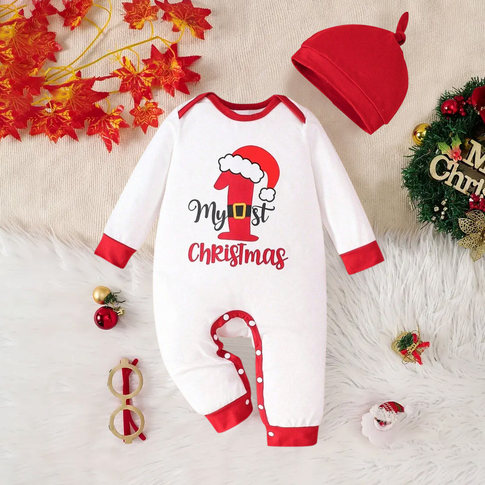 2PCS My 1st Christmas Letter Print Long Sleeve Baby Jumpsuit