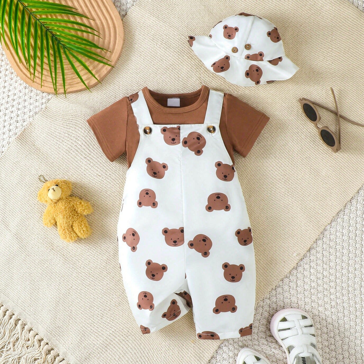 2PCS Casual Teddy Bear Print Faux Layer Short Sleeve Baby Jumpsuit