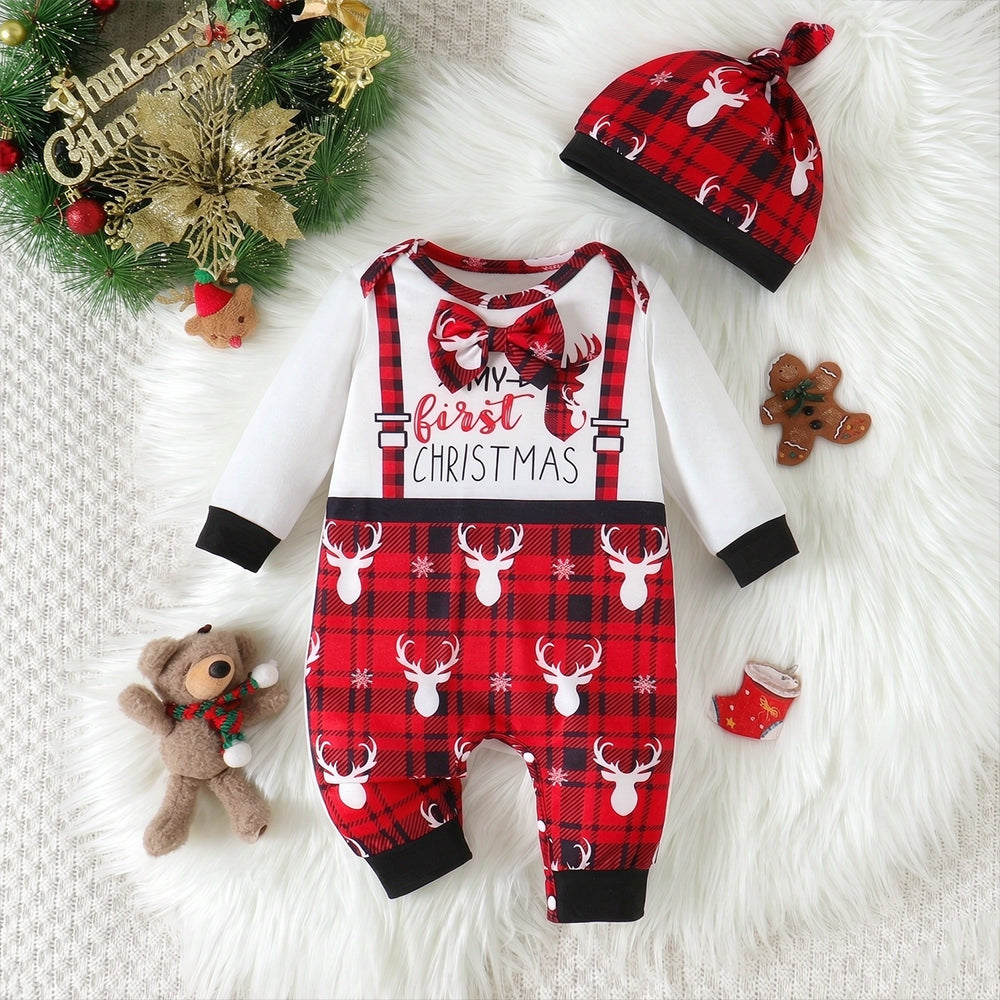 2PCS My First Christmas Letter Reindeer Plaid Print Baby Boy Jumpsuit