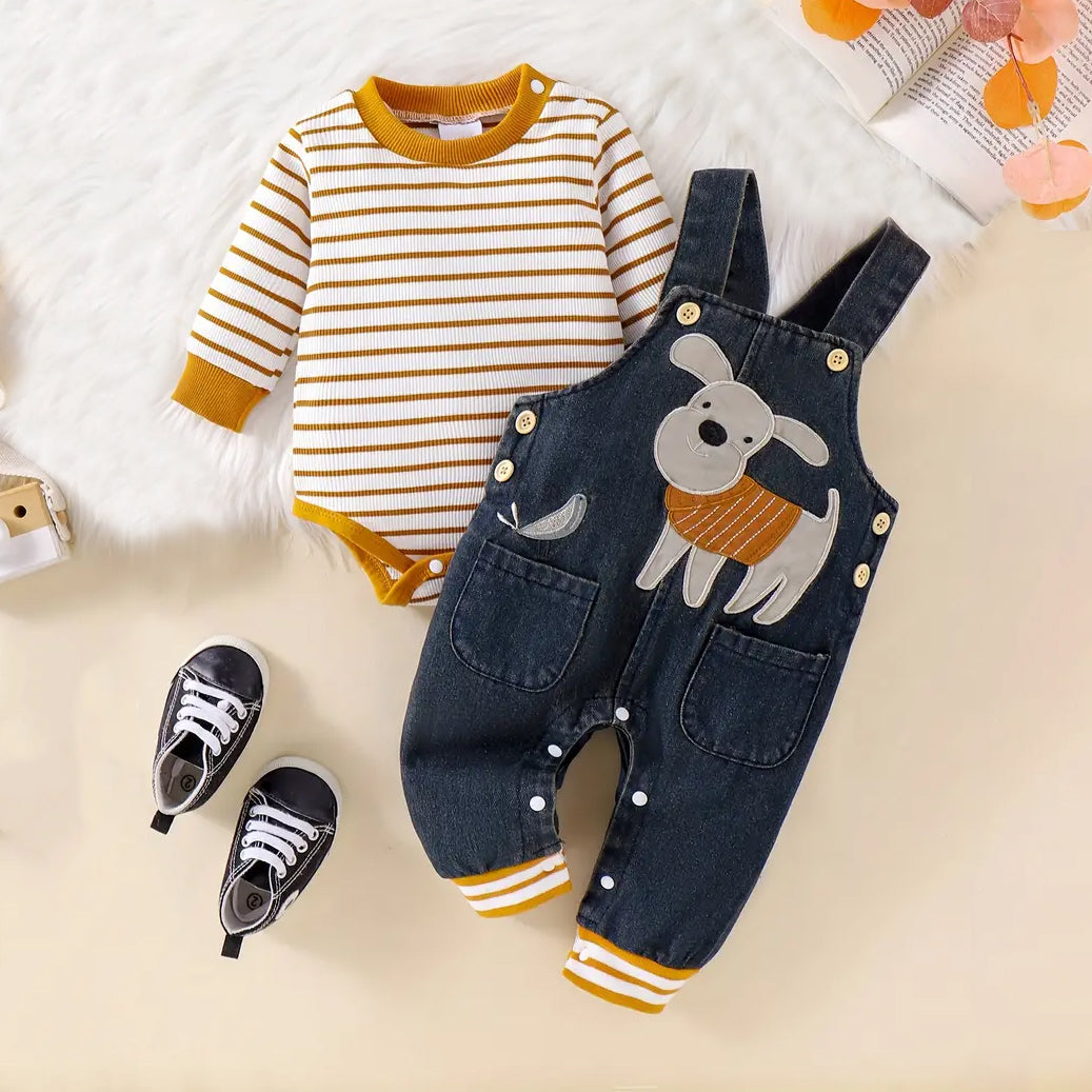 2PCS Puppy Embroidery Stripe Printed Denim Overalls Baby Set