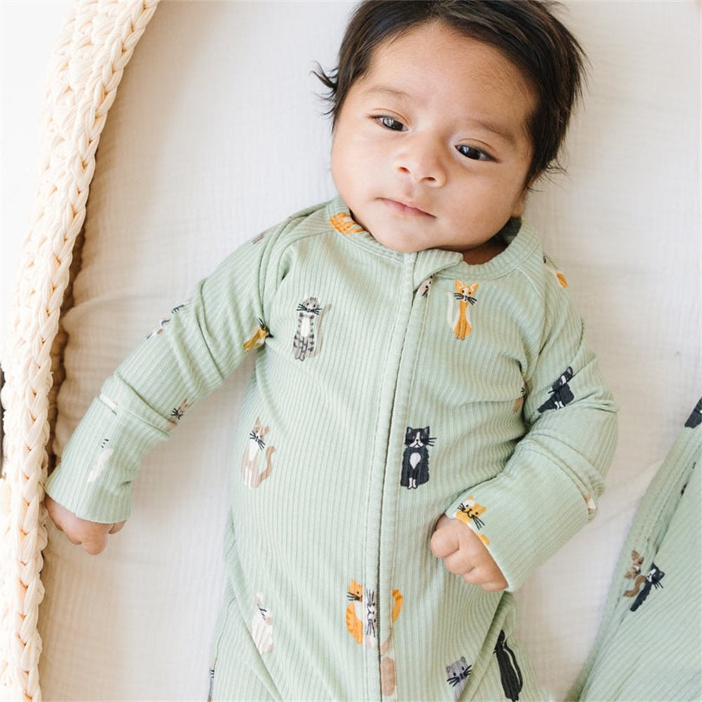 Casual Cat Print Ribbed Zip Baby Jumpsuit