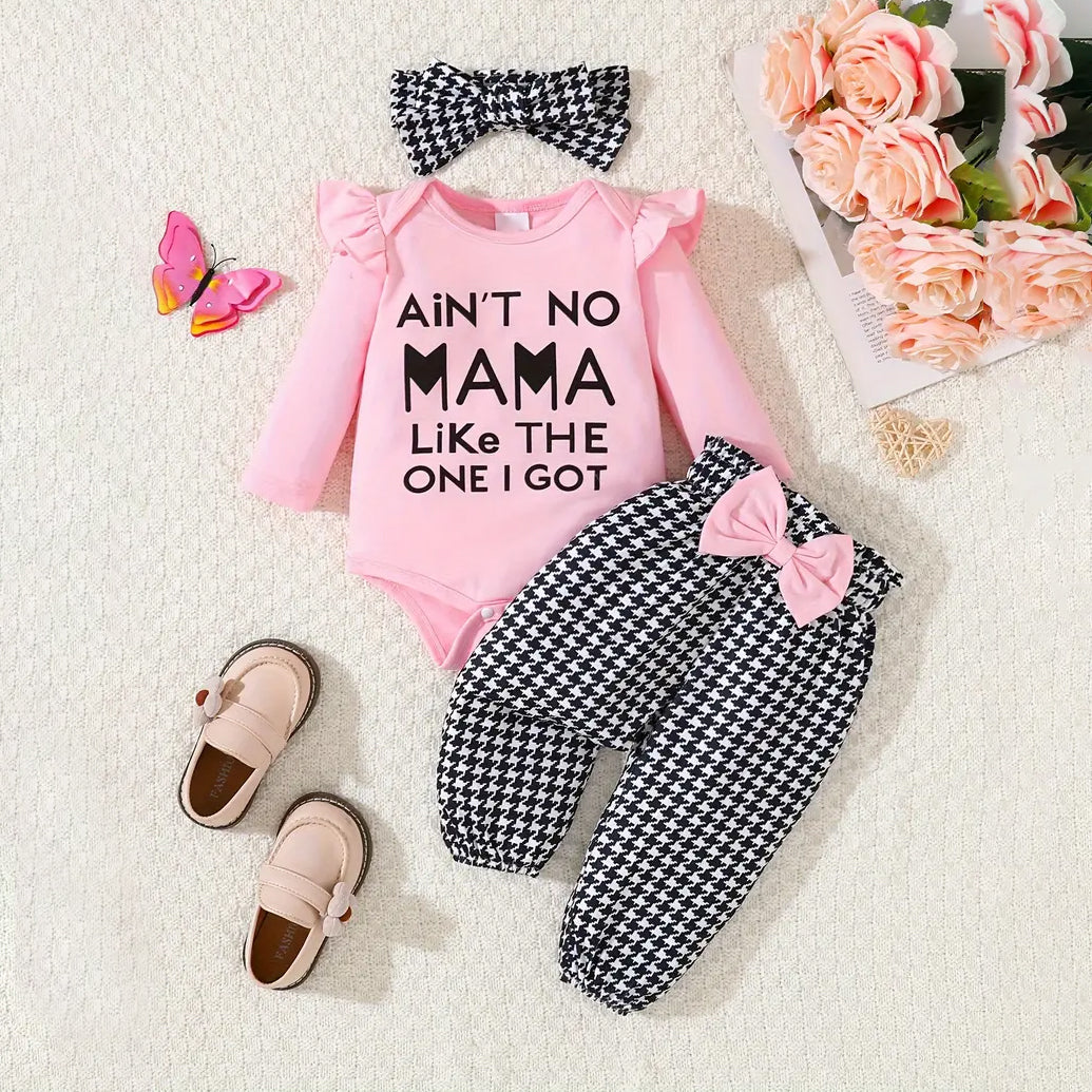 3PCS Ain't No Mama Letter Plaid Printed Long Sleeve Baby Set