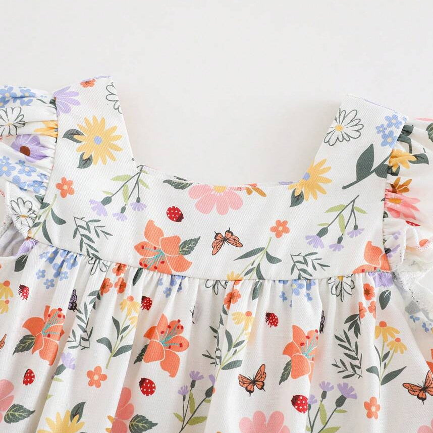 Cheerful Floral Print Flutter Sleeve Baby Romper