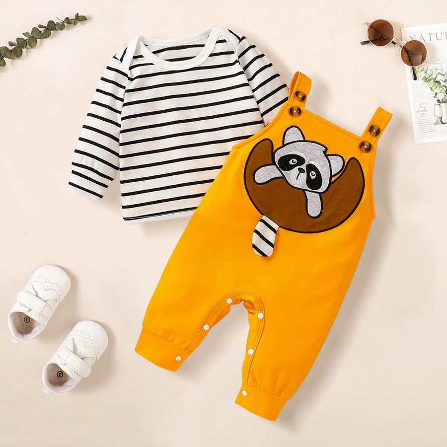 2PCS Lovely Raccoon Stripe Printed Overalls Baby Set