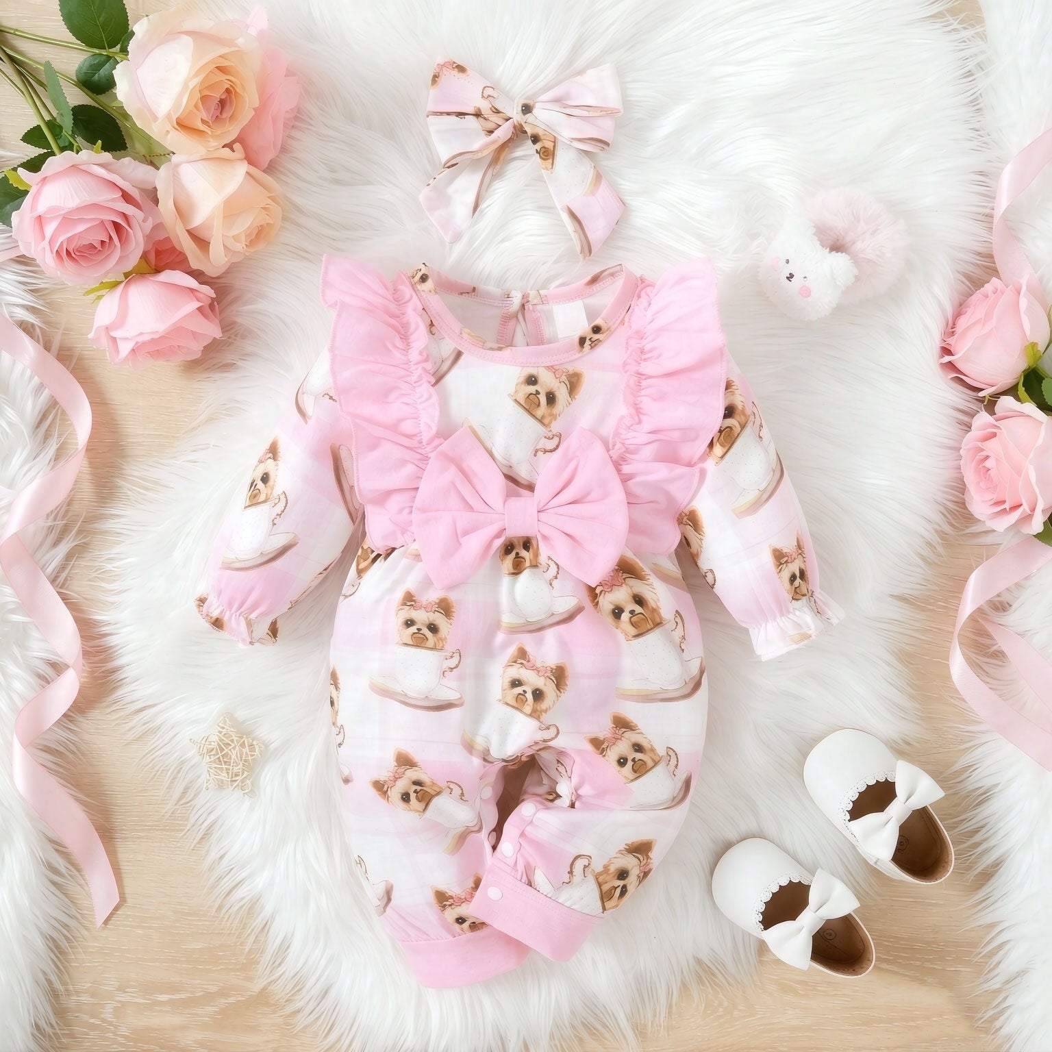2PCS Lovely Cartoon Teacup Dog Print Long Sleeve Baby Jumpsuit