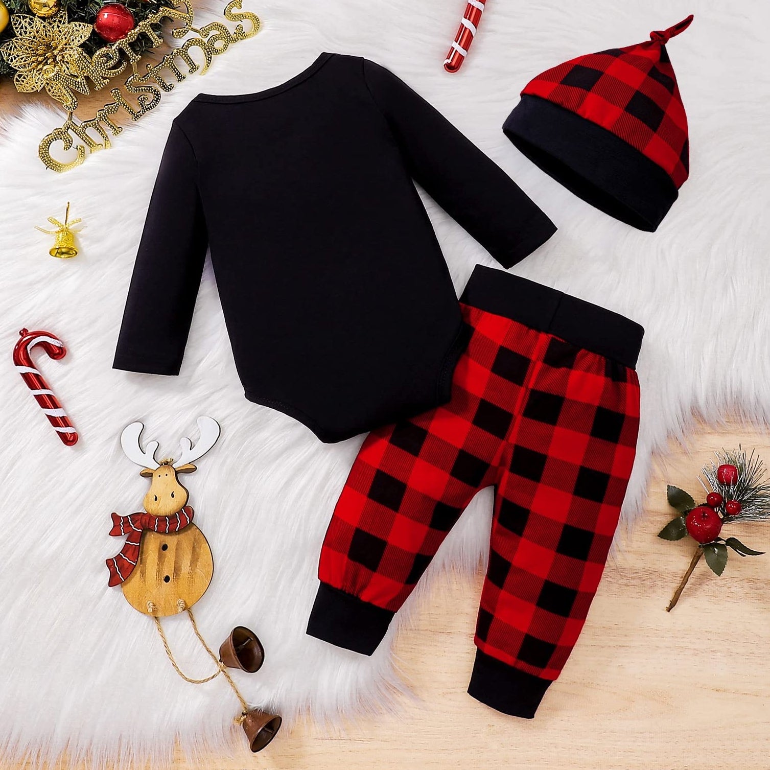 3PCS My 1st Christmas Letter Plaid Printed Long Sleeve Baby Set