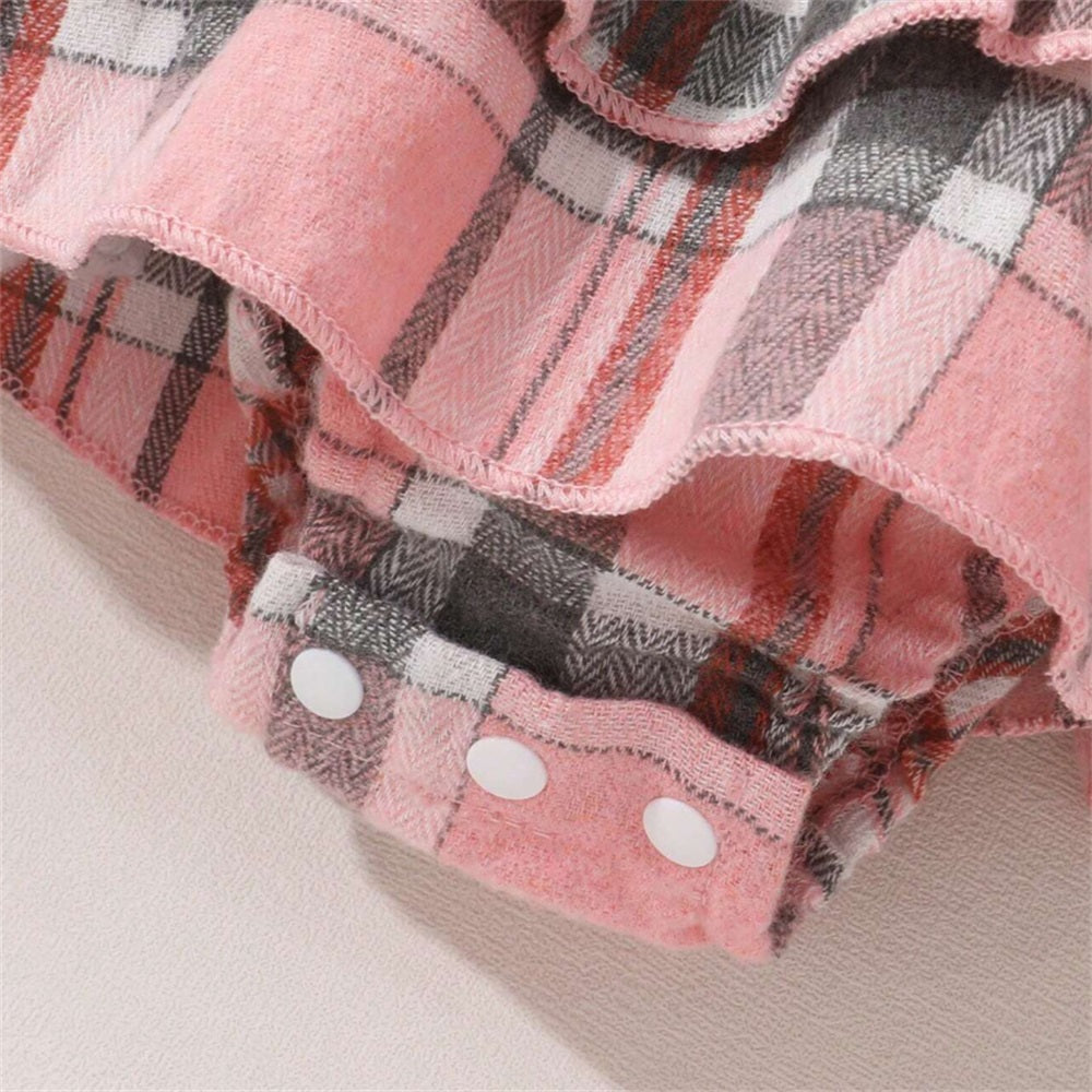 2PCS Stylish Plaid Print Ruffle Shoulder Long Sleeve Baby Romper