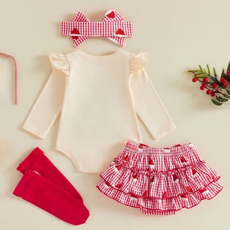 4 PCS My 1st Christmas Letter Santa Hat Plaid Print Baby Girl Set