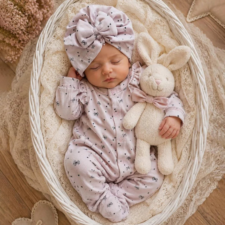 2PCS Charming Bow Heart Print Long Sleeve Baby Jumpsuit