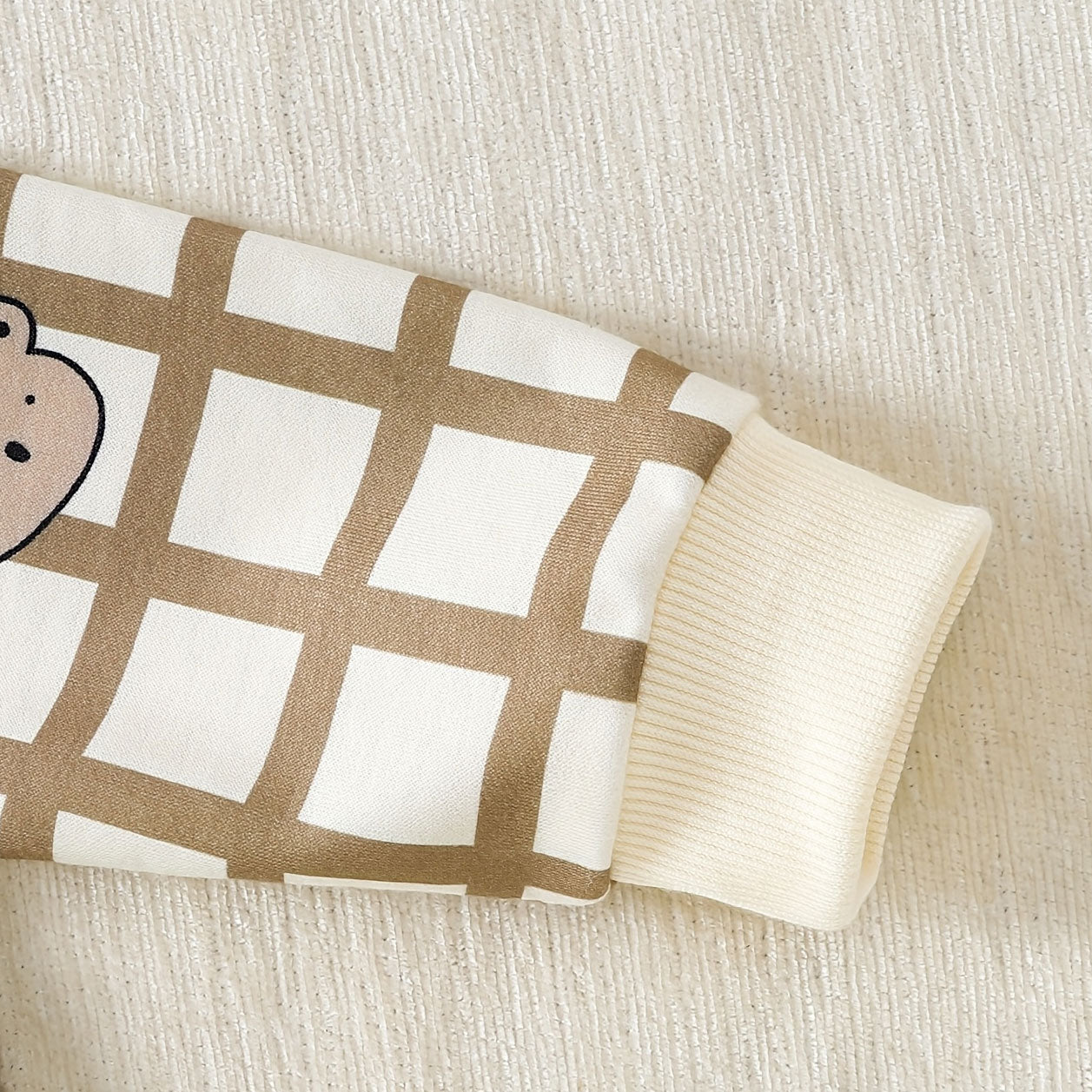 Cartoon Bear and Plaid Printed Long Sleeve Baby Jumpsuit