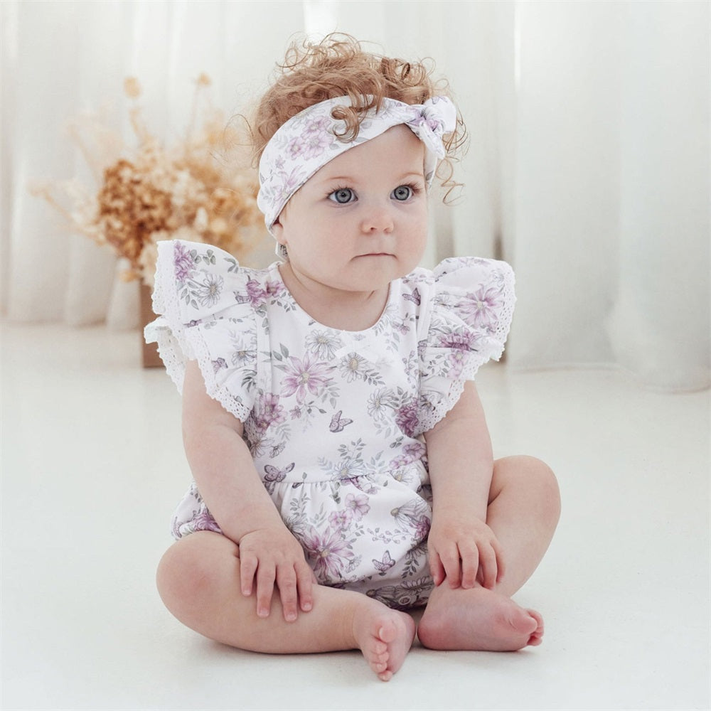 2PCS Stylish Floral Printed Fly Sleeve Baby Romper