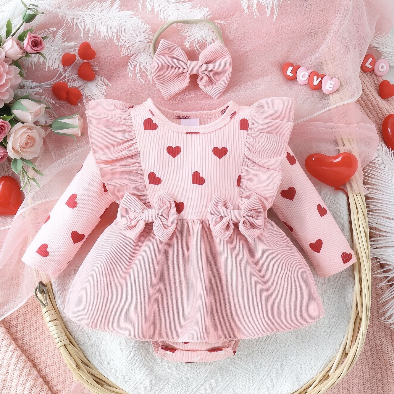 2PCS Bubbly Heart Printed Long Sleeve Baby Girl Romper