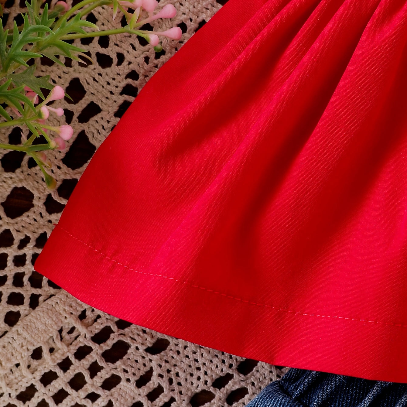 2PCS Summer Cherry Embroidery Flutter Sleeve Denim Baby Set