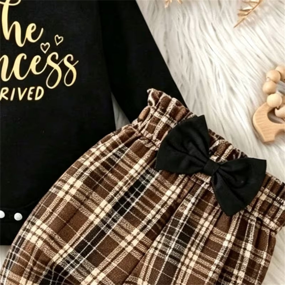2PCS The Princess Has Arrived Letter Plaid Print Long Sleeve Set