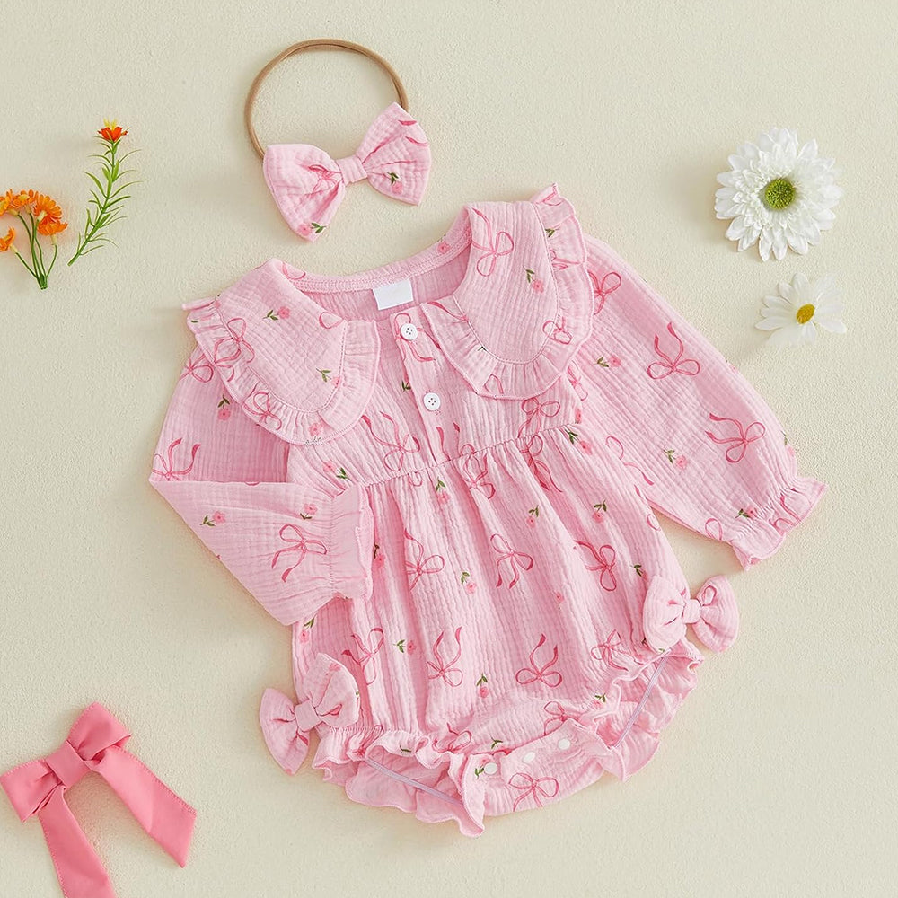 2PCS Adorable Bow Floral Printed Baby Girl Romper