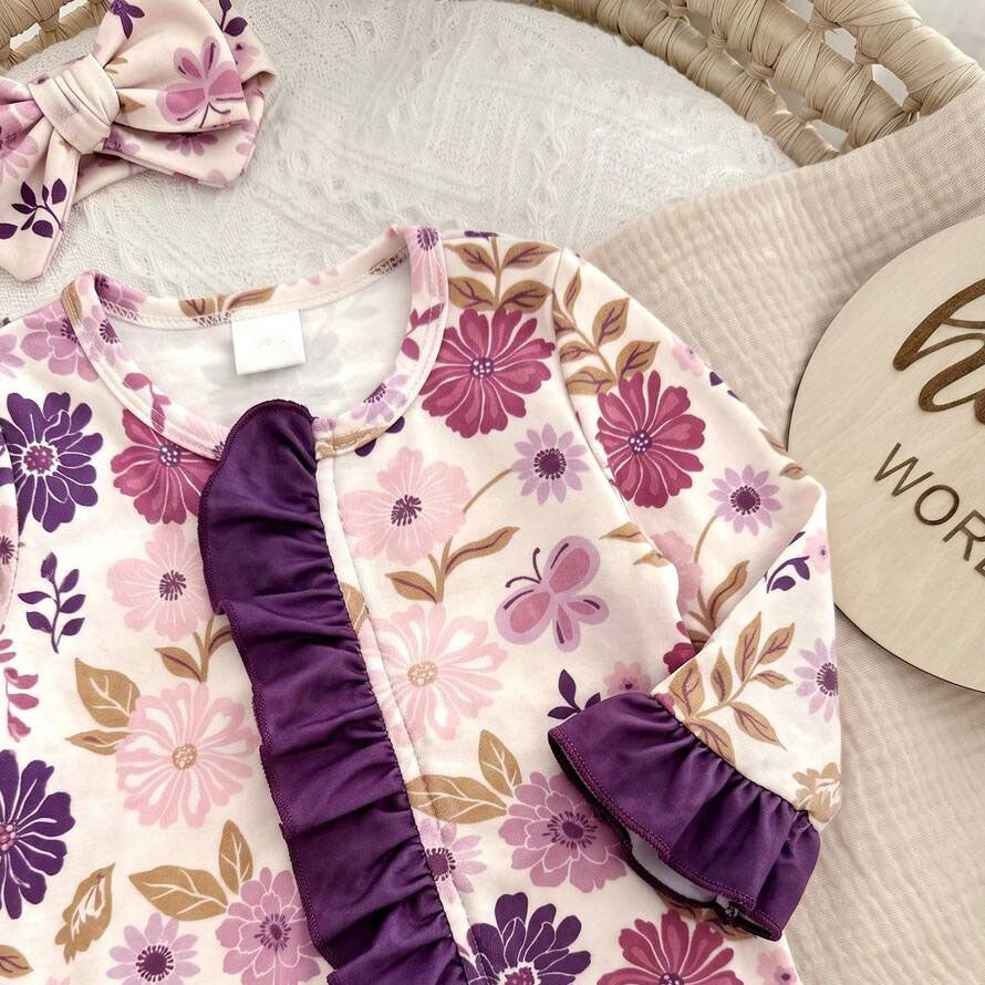 2PCS Chic Floral Printed Ruffle Zipper Long Sleeve Baby Jumpsuit
