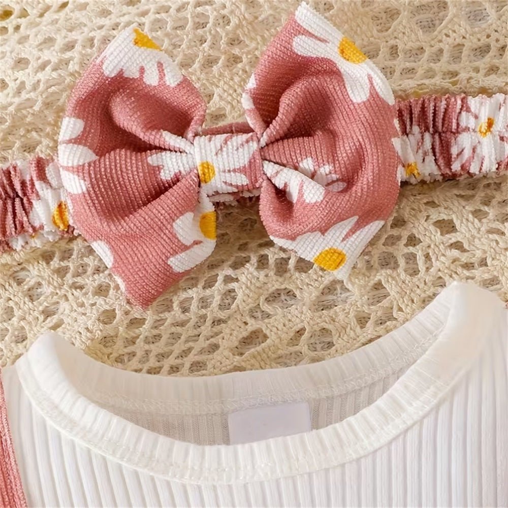 2PCS Cute Floral Print Bow Decor Long Sleeve Baby Jumpsuit
