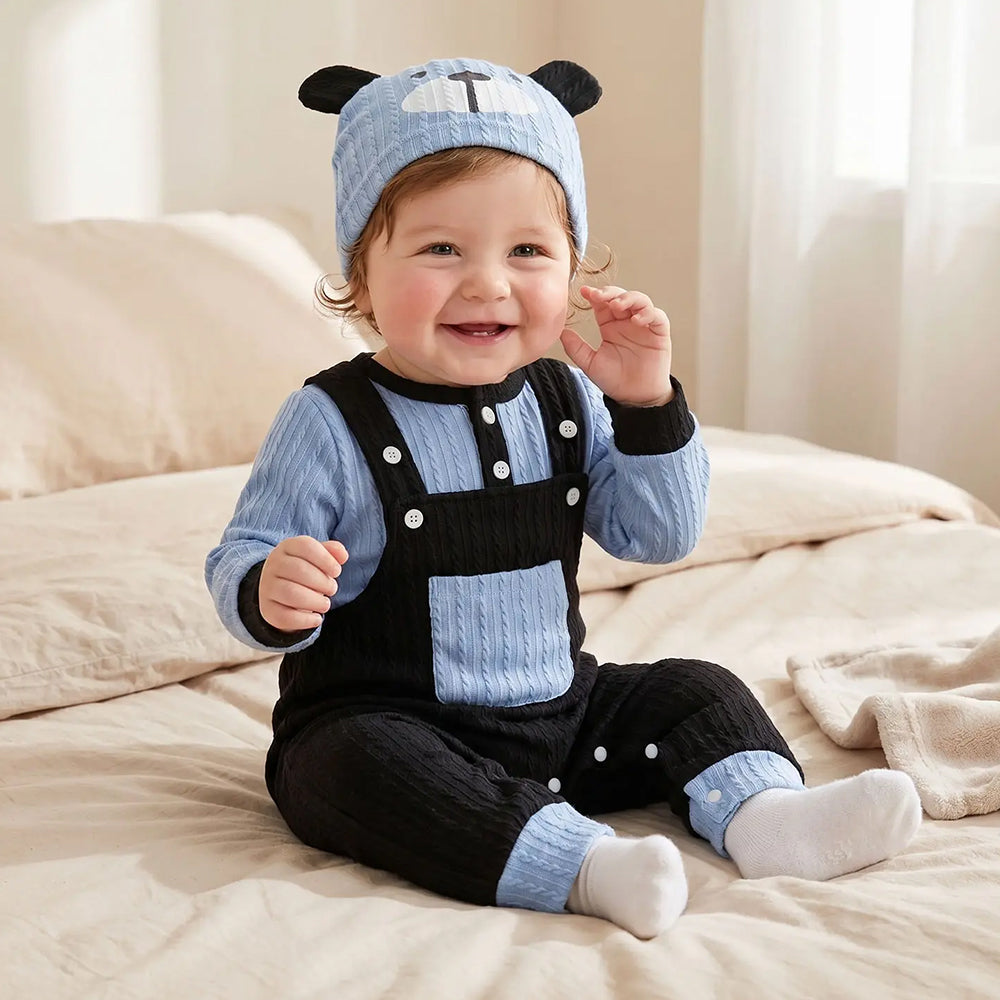 3PCS Cute Bear Print Long Sleeve Baby Overalls Set