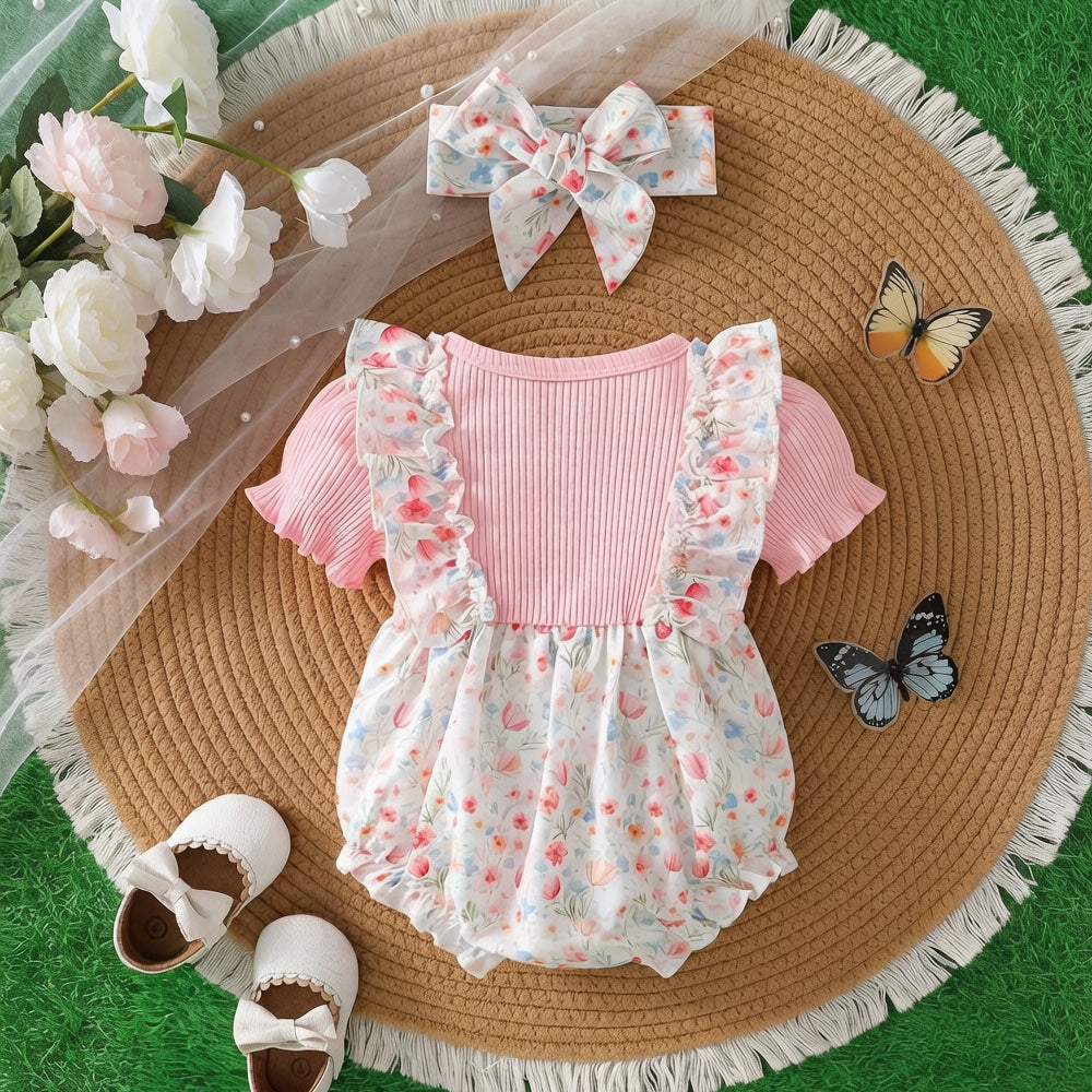 2PCS Pretty Floral Print Bow Short Sleeve Baby Girl Romper