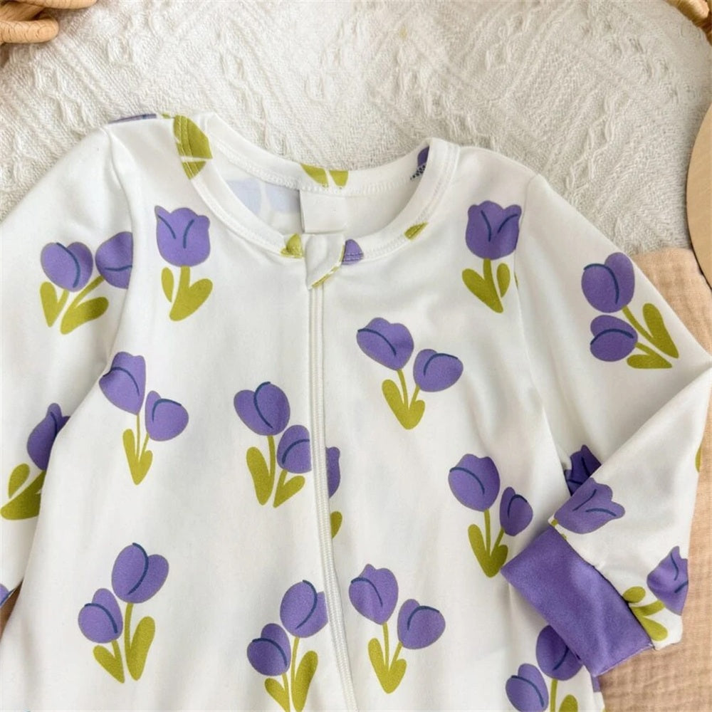 Gorgeous Floral Printed Zipper Long Sleeve Baby Jumpsuit