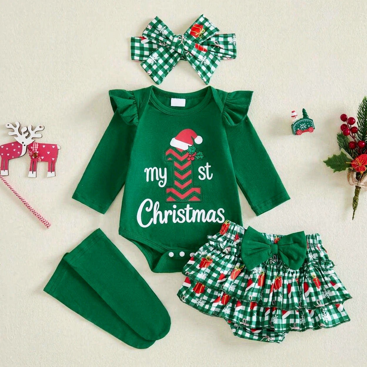 4PCS My 1st Christmas Letter Plaid Print Long Sleeve Baby Set