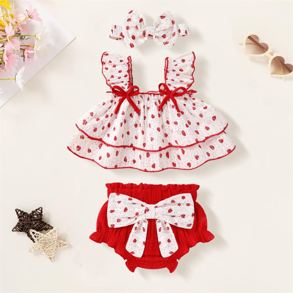 3PCS Strawberry Printed Fly Sleeve Baby Girl Set