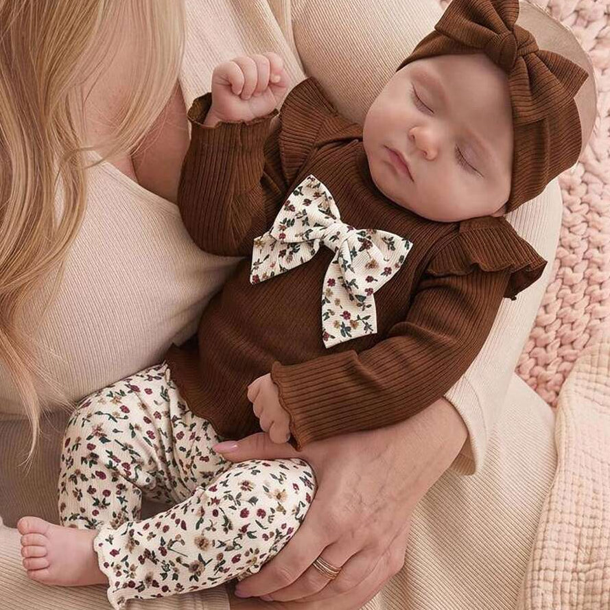 2PCS Grace Floral Print Bow Long Sleeve Baby Girl Set