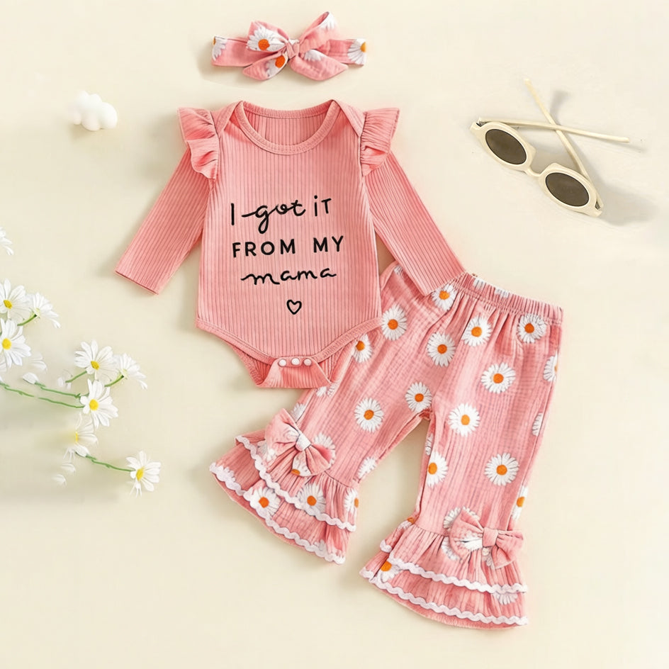 3PCS I Got It From My Mama Letter Daisy Print Long Sleeve Baby Set