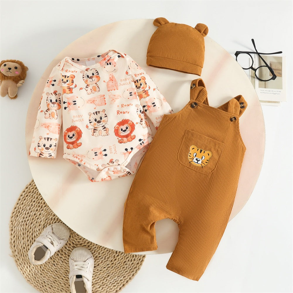 3PCS Casual Adorable Animal Printed Long Sleeve Baby Overalls Set