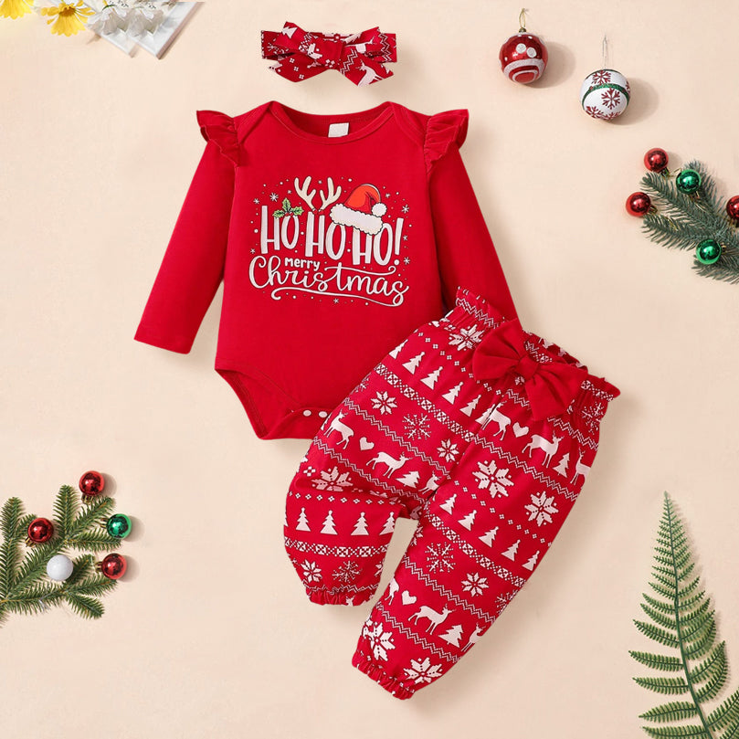 3PCS Ho Ho Ho! Merry Christmas Letter Print Baby Set
