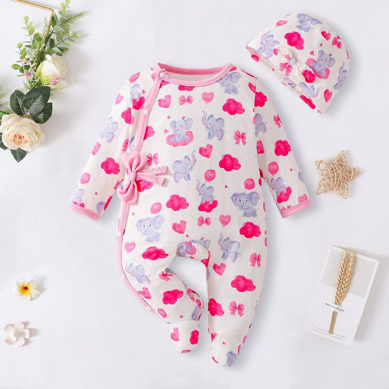 2PCS Adorable Elephant Cartoon Printed Long Sleeve Baby Jumpsuit