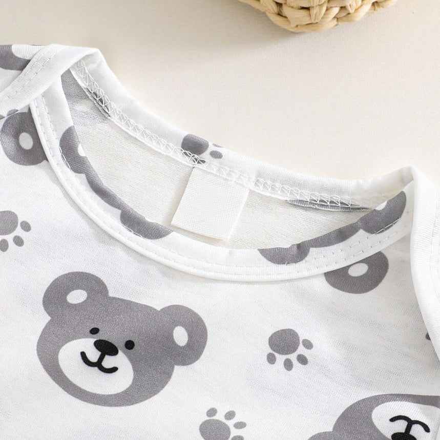 2PCS Mama's Little Man Letter Bear Print Overalls Baby Set
