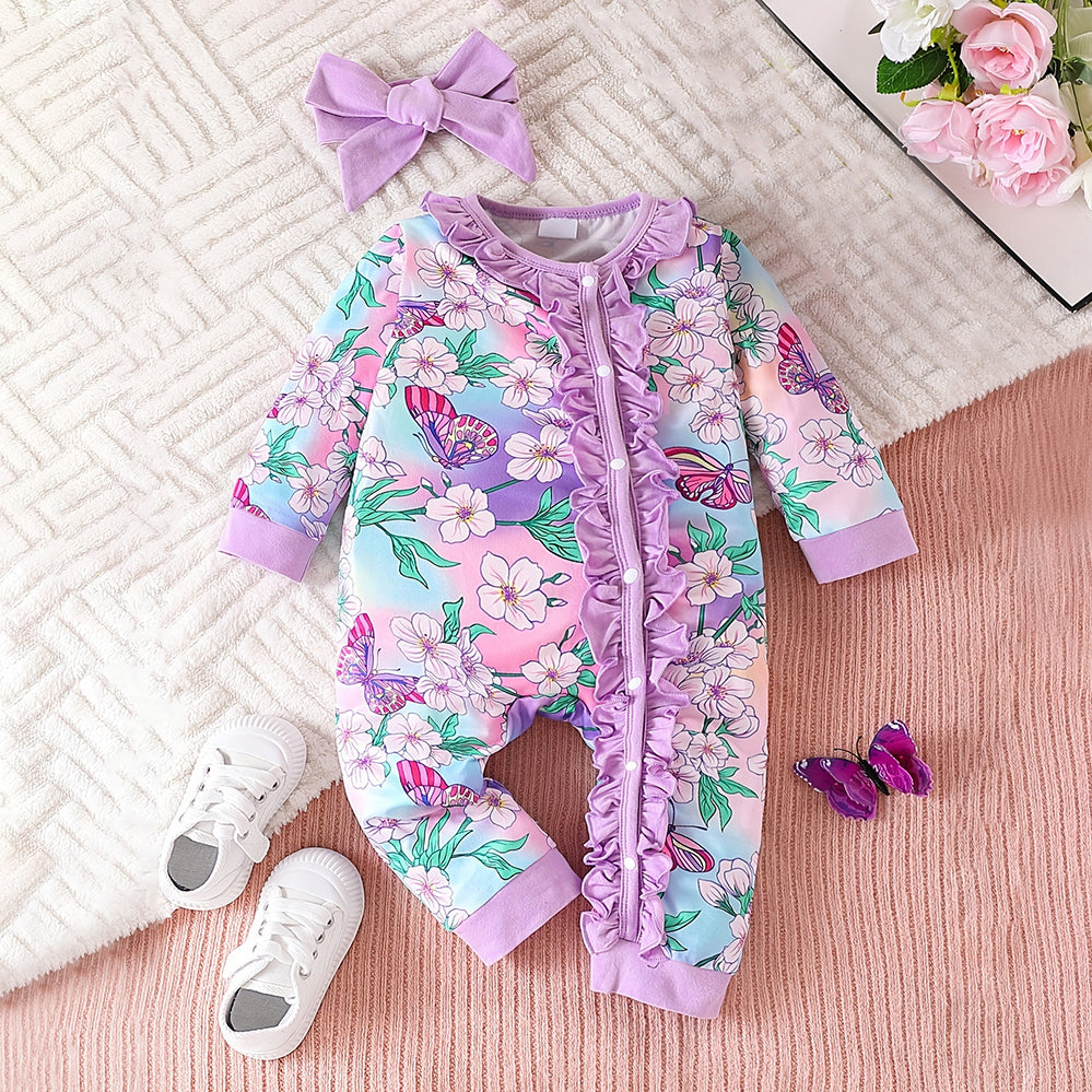 2PCS Butterfly Floral Printed Ruffle Long Sleeve Baby Jumpsuit