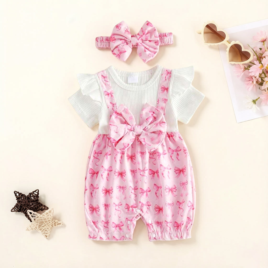 2PCS Lovely Faux Two-Piece Bow Print Short Sleeve Baby Jumpsuit