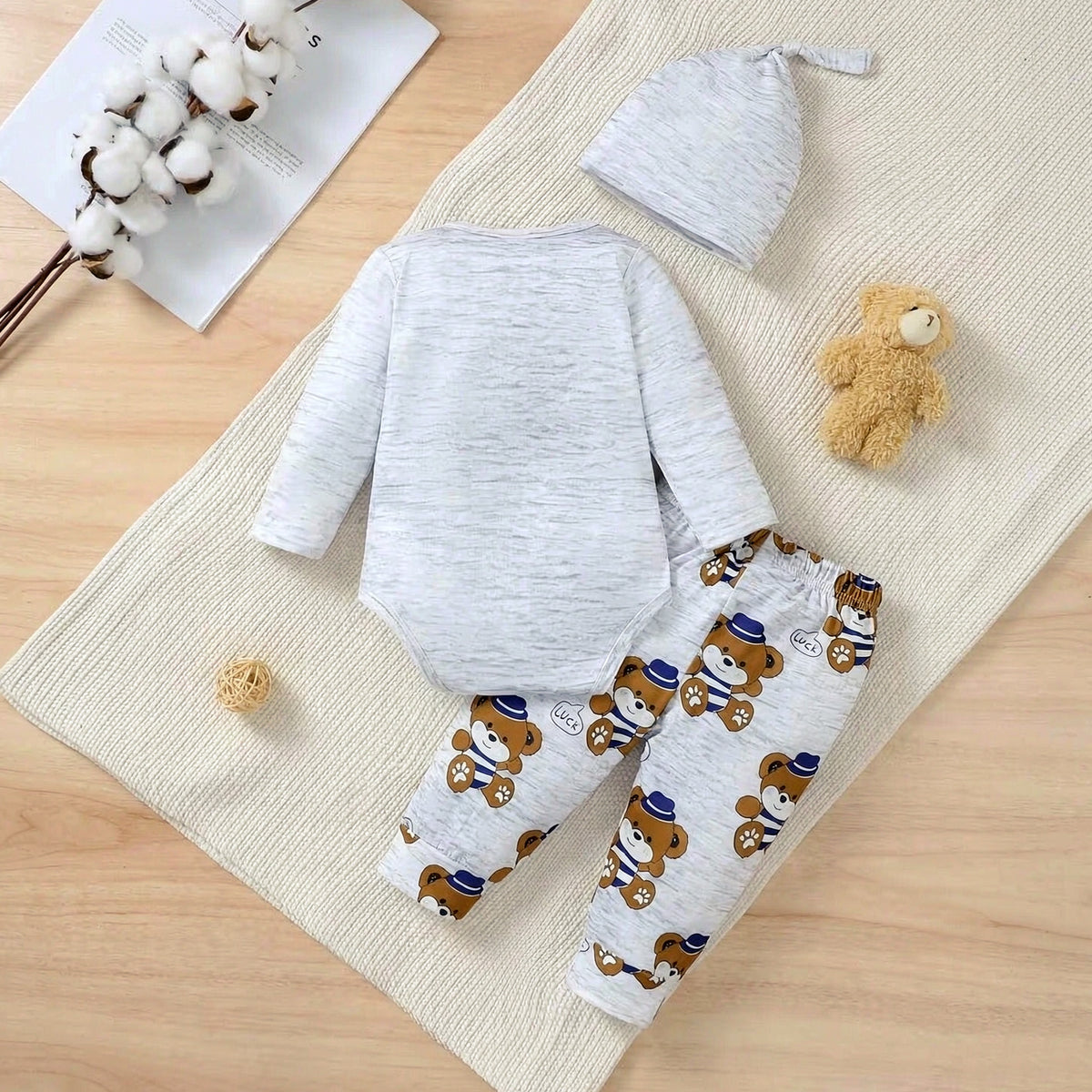 3PCS Hello Bear Letter Teddy Bear Print Long Sleeve Baby Boy Set