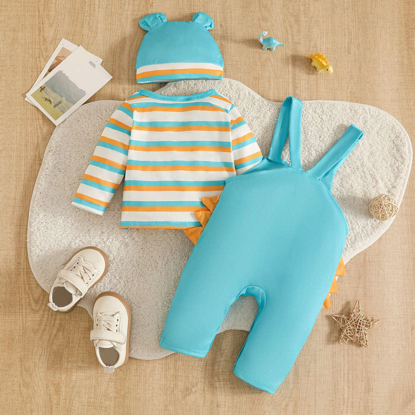 3PCS Dinosaur and Stripe Print Long Sleeve Baby Boy Overalls Set
