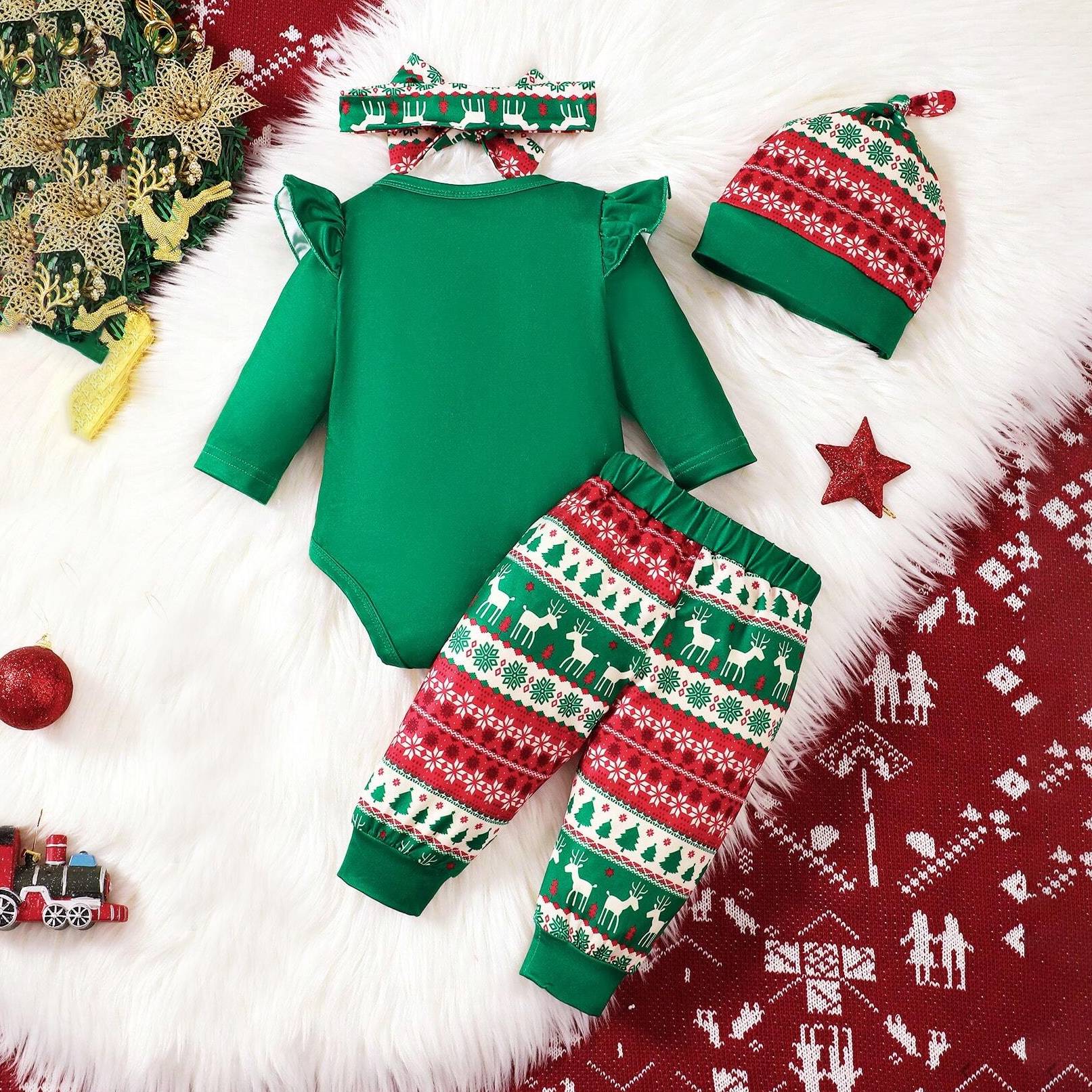 4PCS Ho Letter Christmas Elk and Santa Claus Printed Baby Set