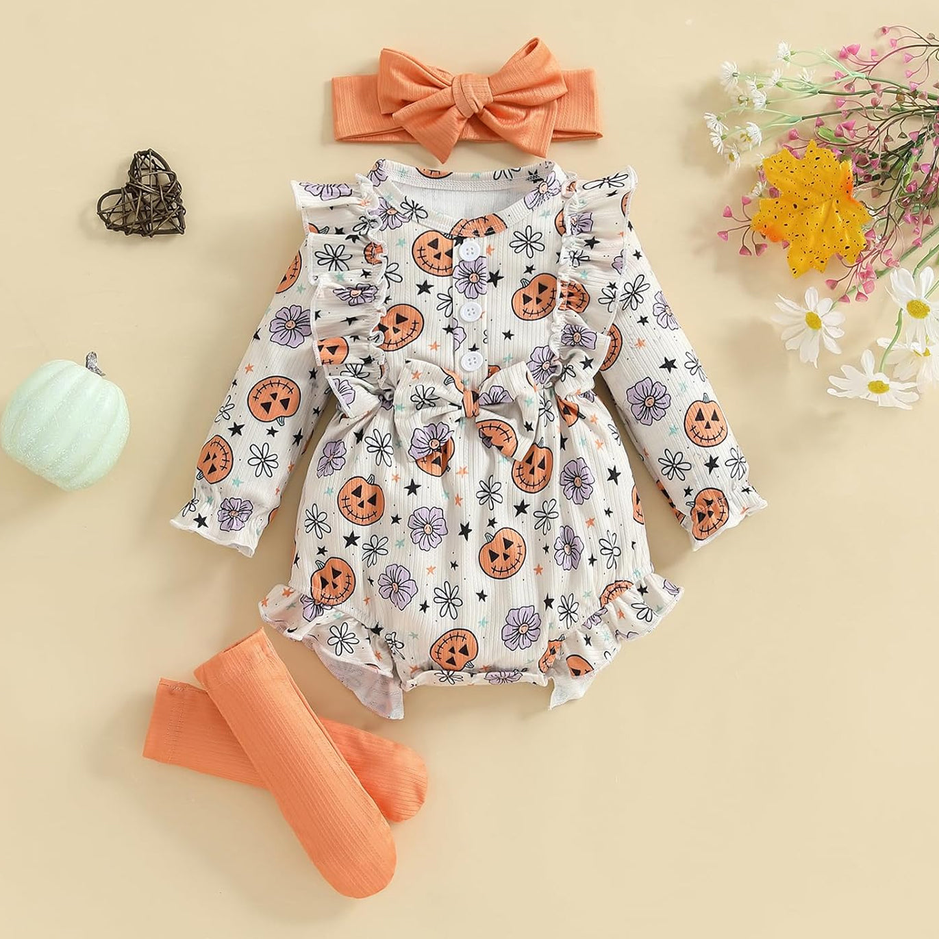3PCS Quirky Halloween Pumpkin Printed Baby Romper