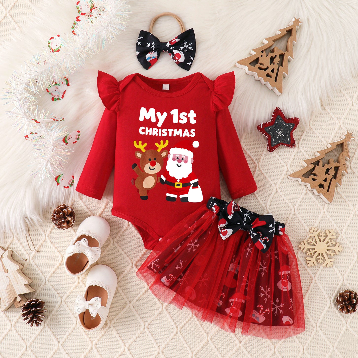 3PCS My 1st Christmas Letter Reindeer and Santa Print Baby Tulle Set