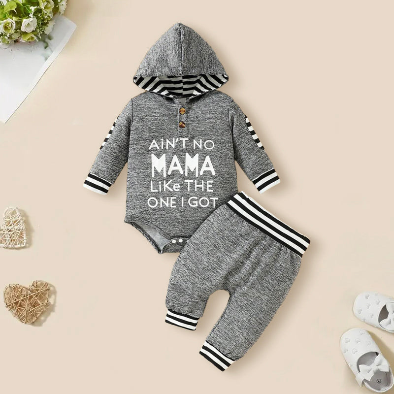 2PCS Ain't No Mama Letter Stripe Printed Hooded Long Sleeve Baby Set