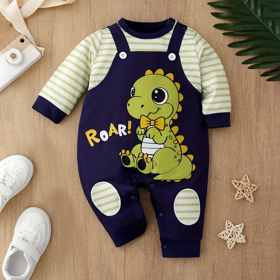Roar Letter Dinosaur Stripe Printed Baby Jumpsuit
